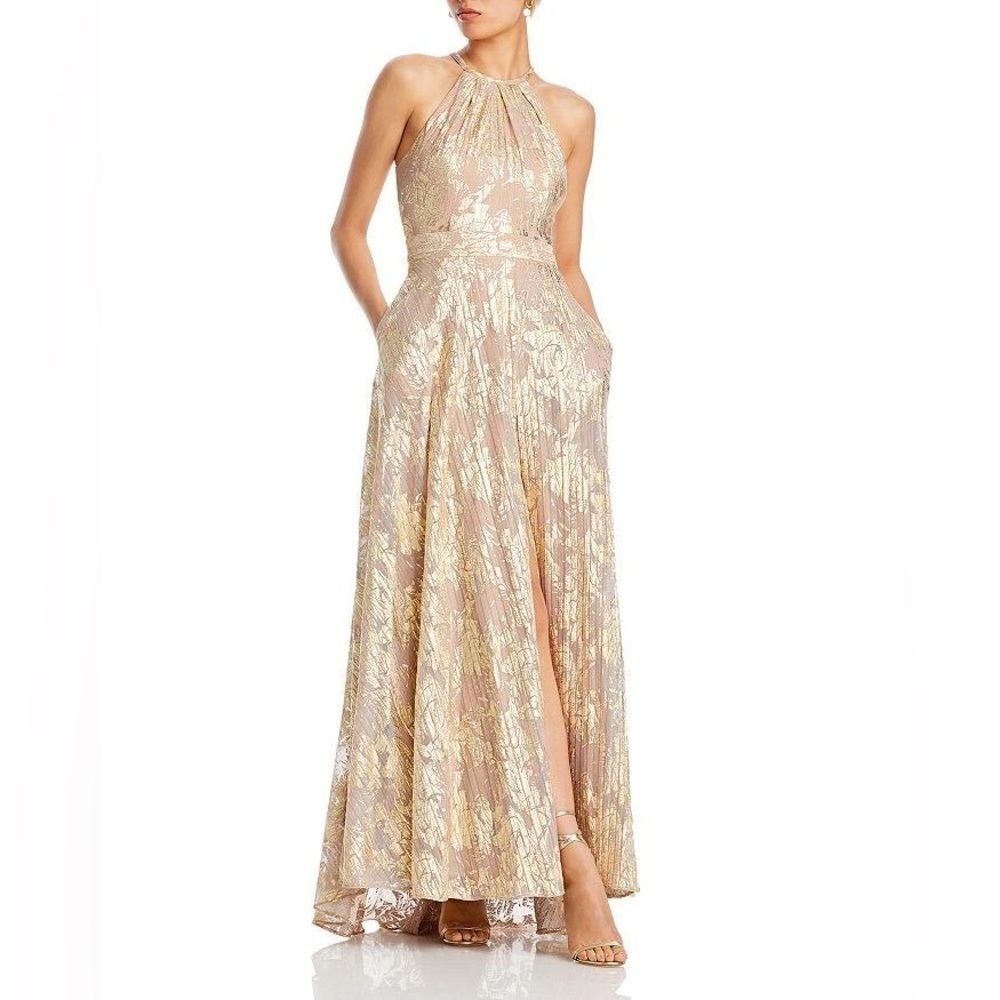 Aqua Formal Floral Print Foil Halter Gown Metallic Gold Beige size 10